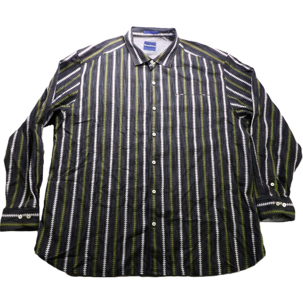 Tommy Bahama Men Long Sleeve Button Down Shirt Stripe Black Green Cotton 3XL Top
